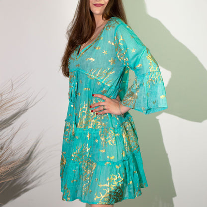 (ML) Nomad Sari On the Med Collection - Dress - Turquoise & Gold Coral Design