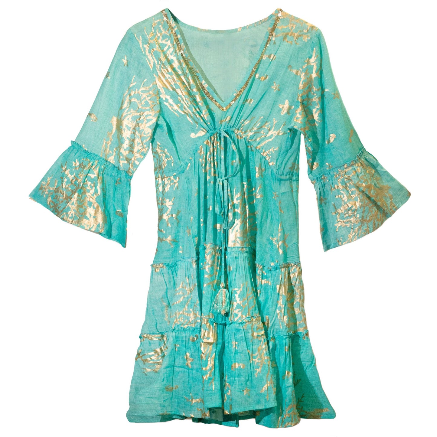 (LXL) Nomad Sari On the Med Collection - Dress - Turquoise & Gold Coral Design