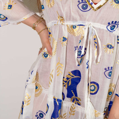 (ML) Nomad Sari On the Med Collection - Dress -  White , Blue & Gold Evil Eye Design