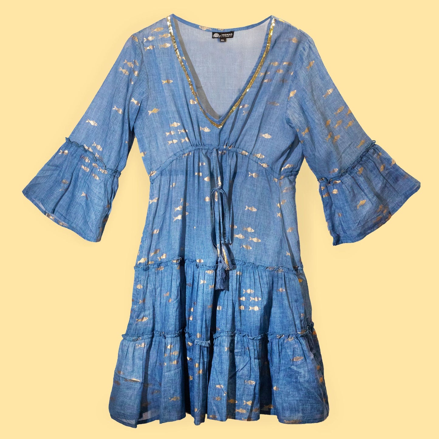 (LXL) Nomad Sari On the Med Collection - Dress - Sea Blue & Gold Fish Design