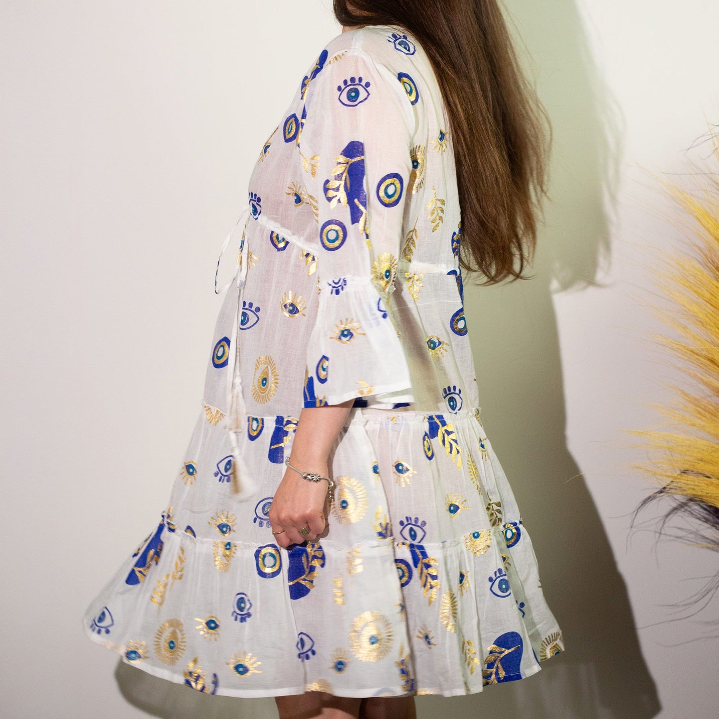 (LXL) Nomad Sari On the Med Collection - Dress -  White , Blue & Gold Evil Eye Design