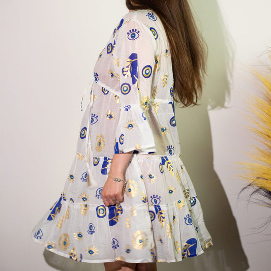 (LXL) Nomad Sari On the Med Collection - Dress -  White , Blue & Gold Evil Eye Design