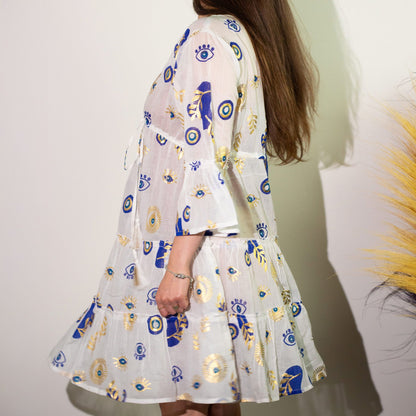 (ML) Nomad Sari On the Med Collection - Dress -  White , Blue & Gold Evil Eye Design