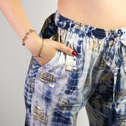 (LXL) Nomad Sari On the Med Collection - Lounge Pants - Gold & Blue Greek Motiff - Handpainted