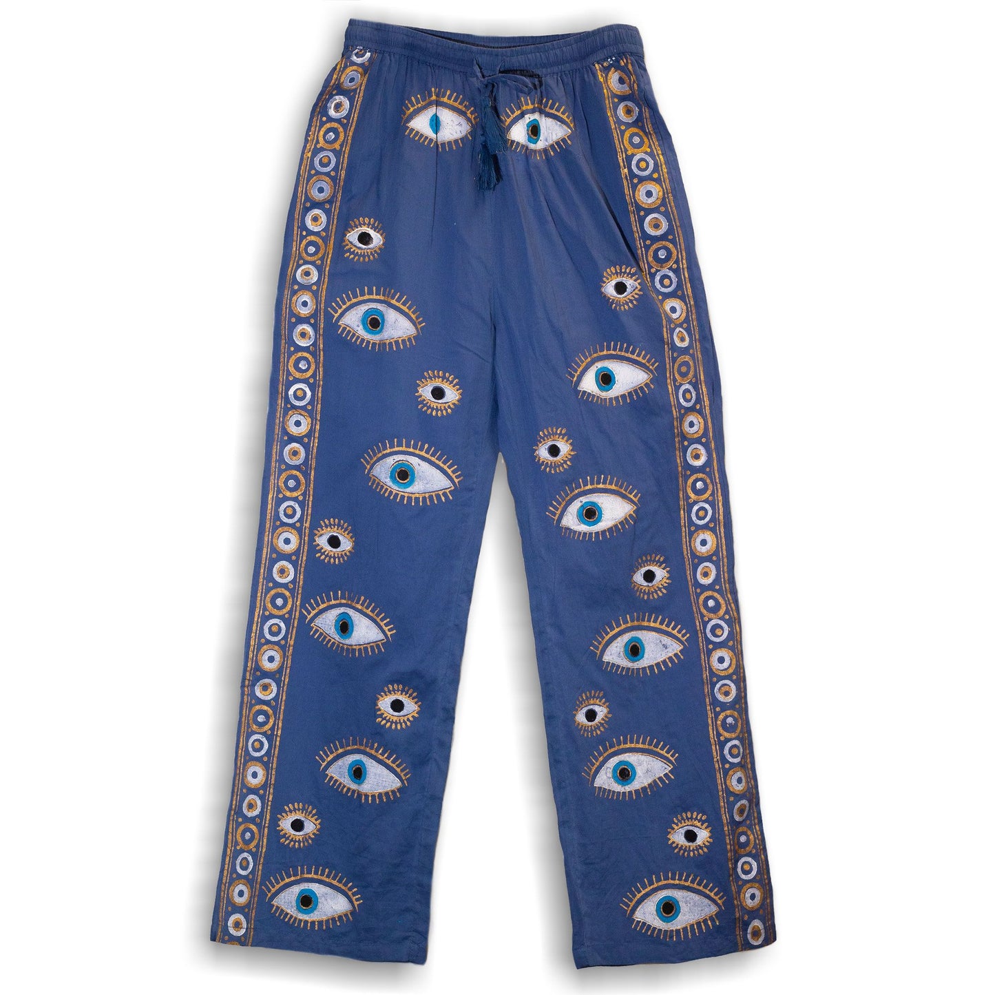 (LXL) Nomad Sari On the Med Collection - Lounge Pants - Rich Blue & Gold Hand Painted Evil Eye Design