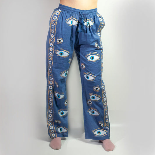 (LXL) Nomad Sari On the Med Collection - Lounge Pants - Rich Blue & Gold Hand Painted Evil Eye Design
