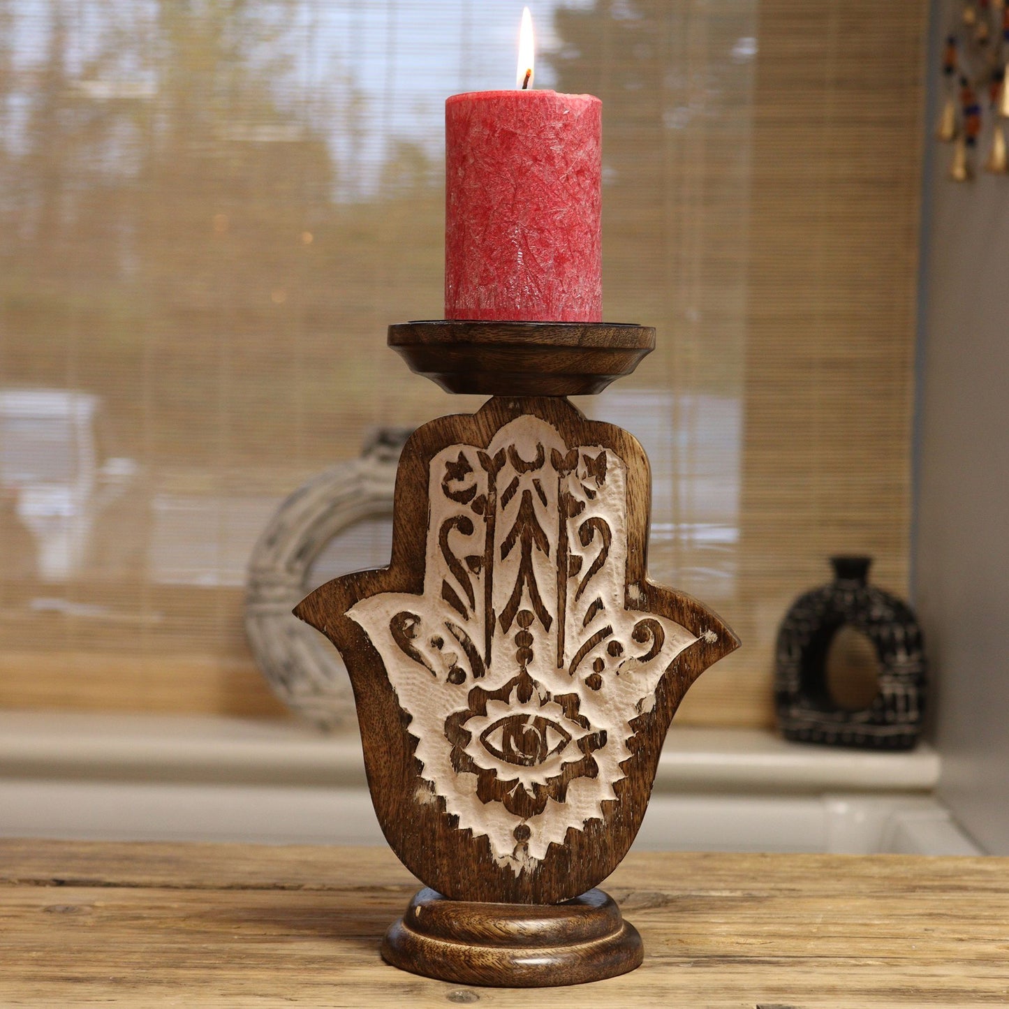 Mango Wood Candle Stand - Hamsa - Large 25x18cm