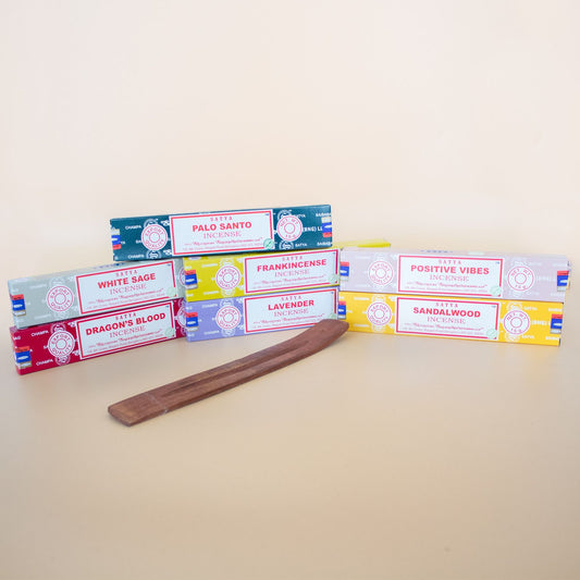 Satya Incense Sticks Starter Pack Set (7 scents + Mango Wood Incense Holder)