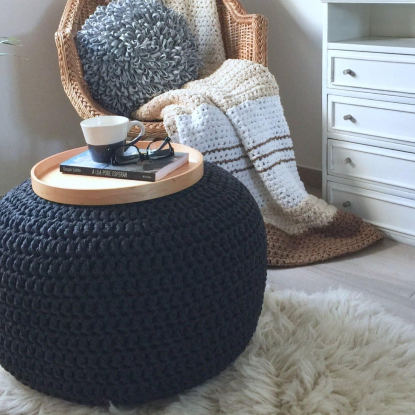 Crochet Pouffe Ottoman - Charcoal