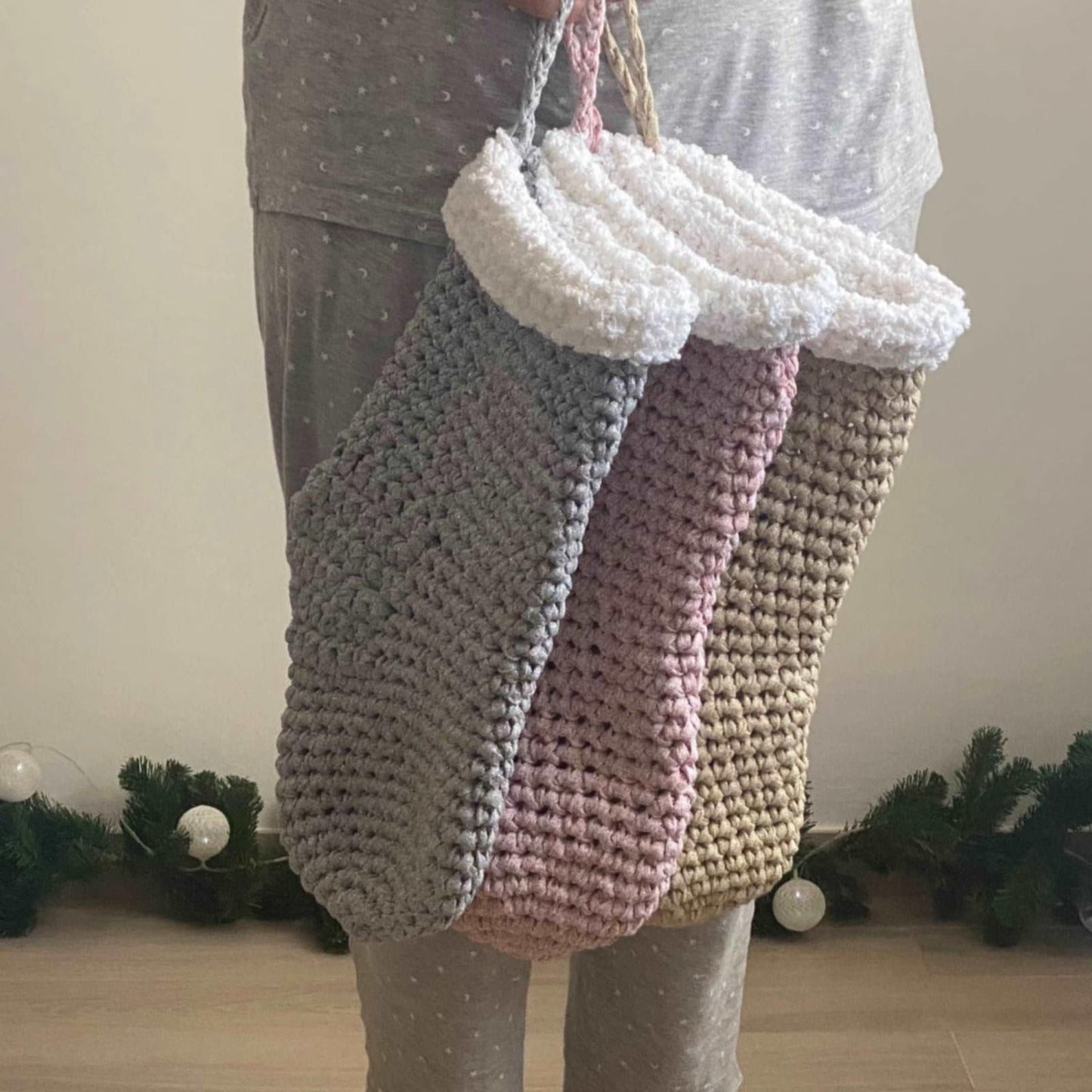 Chunky Knit Christmas Stocking - Silver Sparkly Christmas Decor