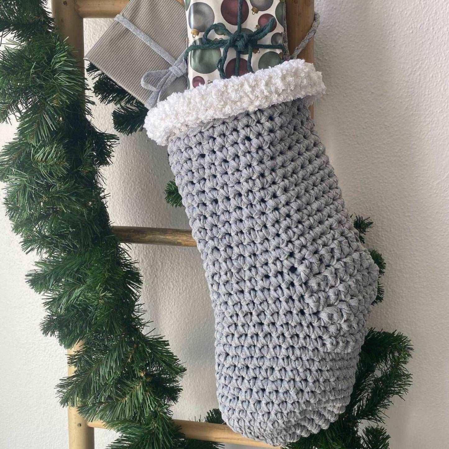 Chunky Knit Christmas Stocking - Silver Sparkly Christmas Decor