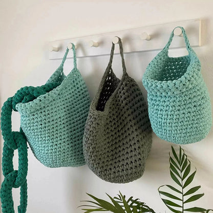 Crochet Hanging Baskets, Mint Kids Room Wall Storage Bags