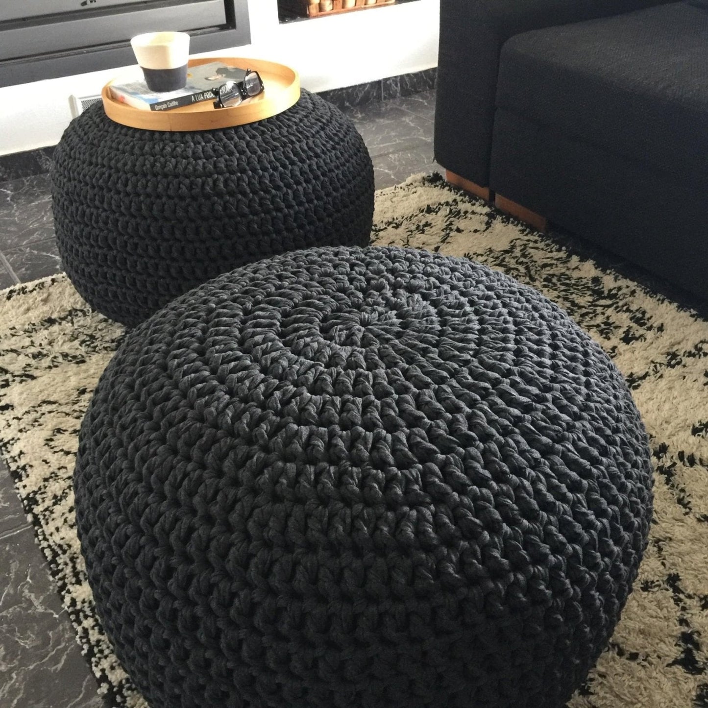 Crochet Pouffe Ottoman - Charcoal