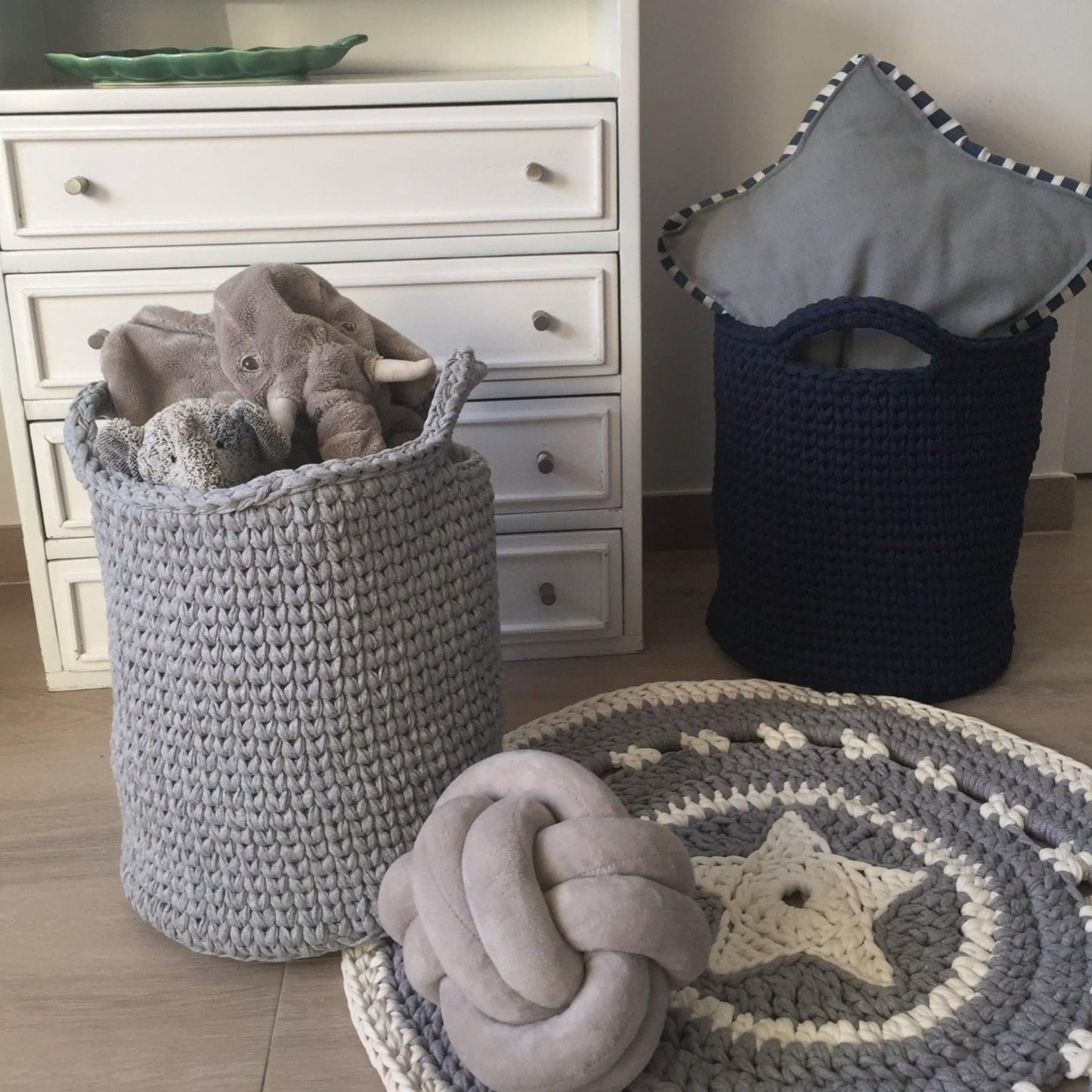 Crochet Round Storage Baskets | Stone Gray