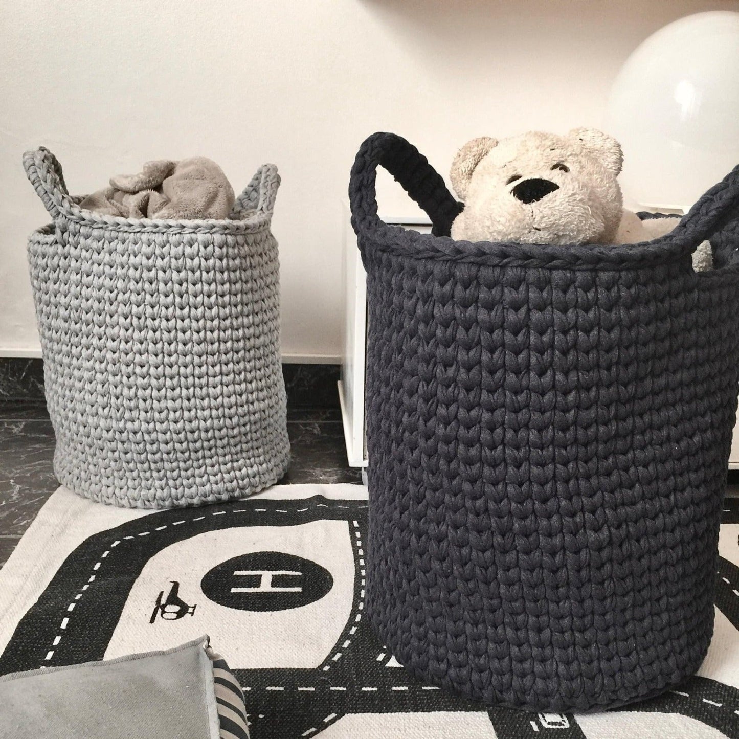 Crochet Round Storage Baskets | Stone Gray