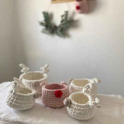 Crochet Rudolph Reindeer Basket | Light Pink