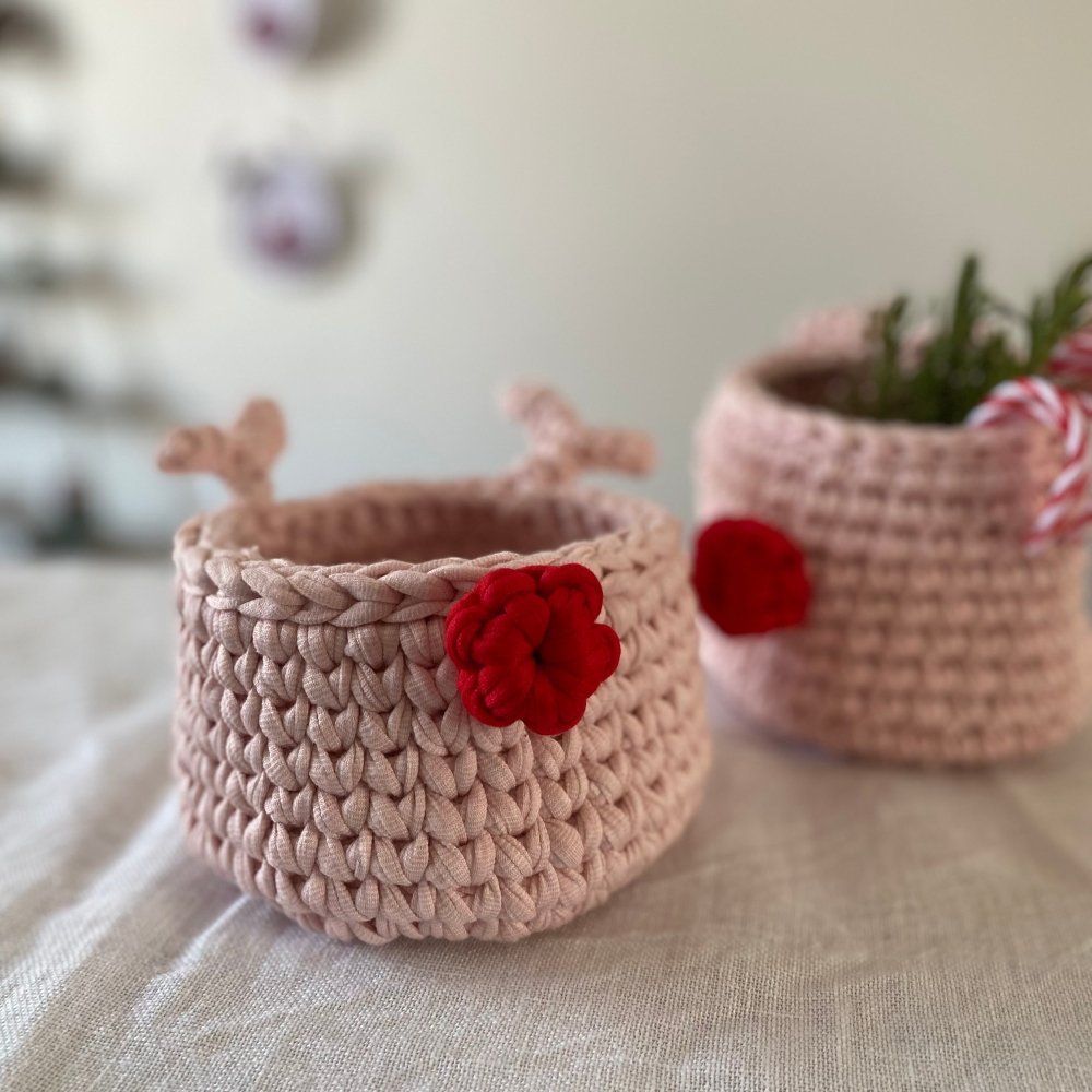 Crochet Rudolph Reindeer Basket | Light Pink