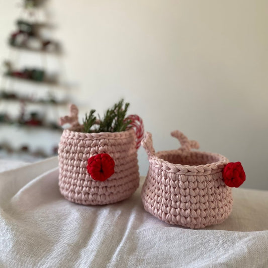 Crochet Rudolph Reindeer Basket | Light Pink