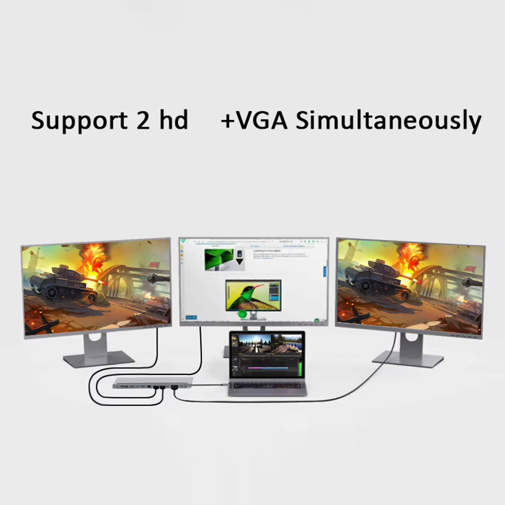 12 in 1 Type-C Adapter HUB USB 3.1 to Dual Hdmi-Compatible 4K Docking Station