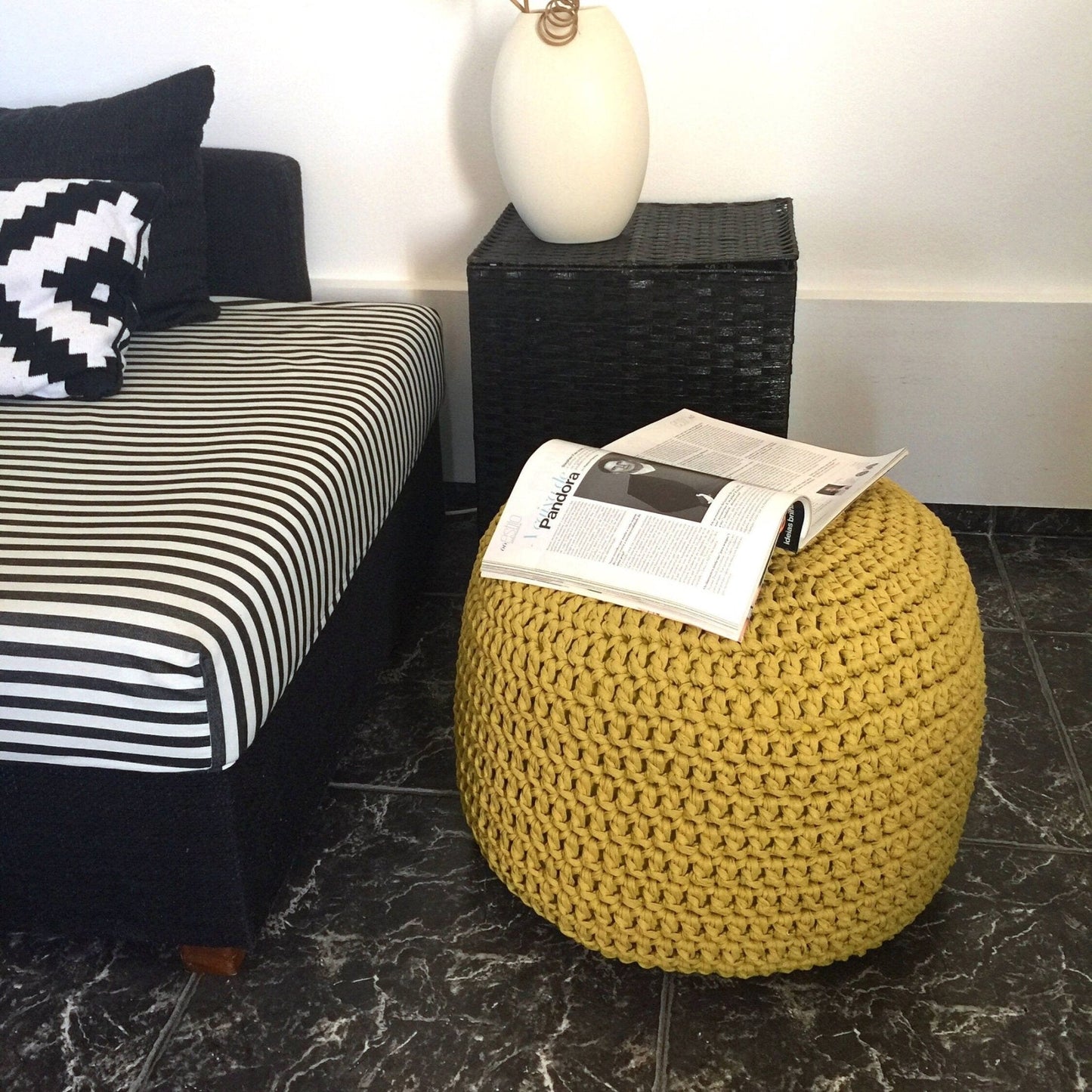 Round Knitted Pouffe Ottoman - Chartreuse