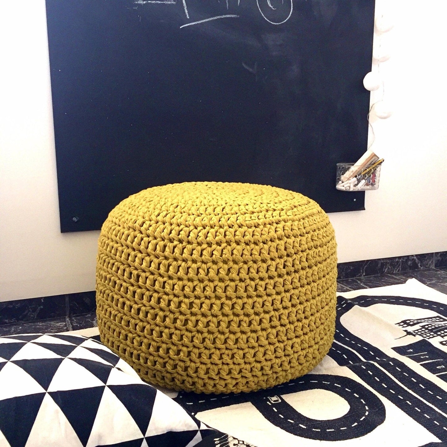 Round Knitted Pouffe Ottoman - Chartreuse