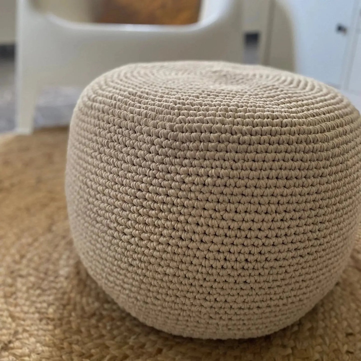 Round Ottoman Slipcovers, Neutral Beige Crochet Cover