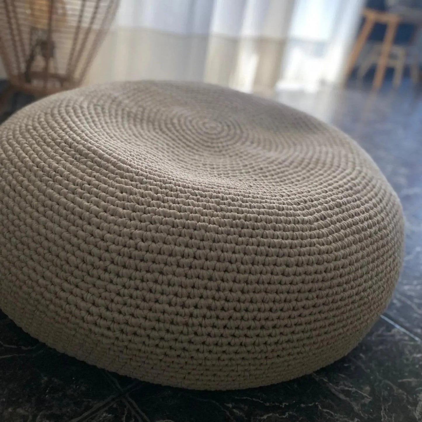 Round Ottoman Slipcovers, Neutral Beige Crochet Cover