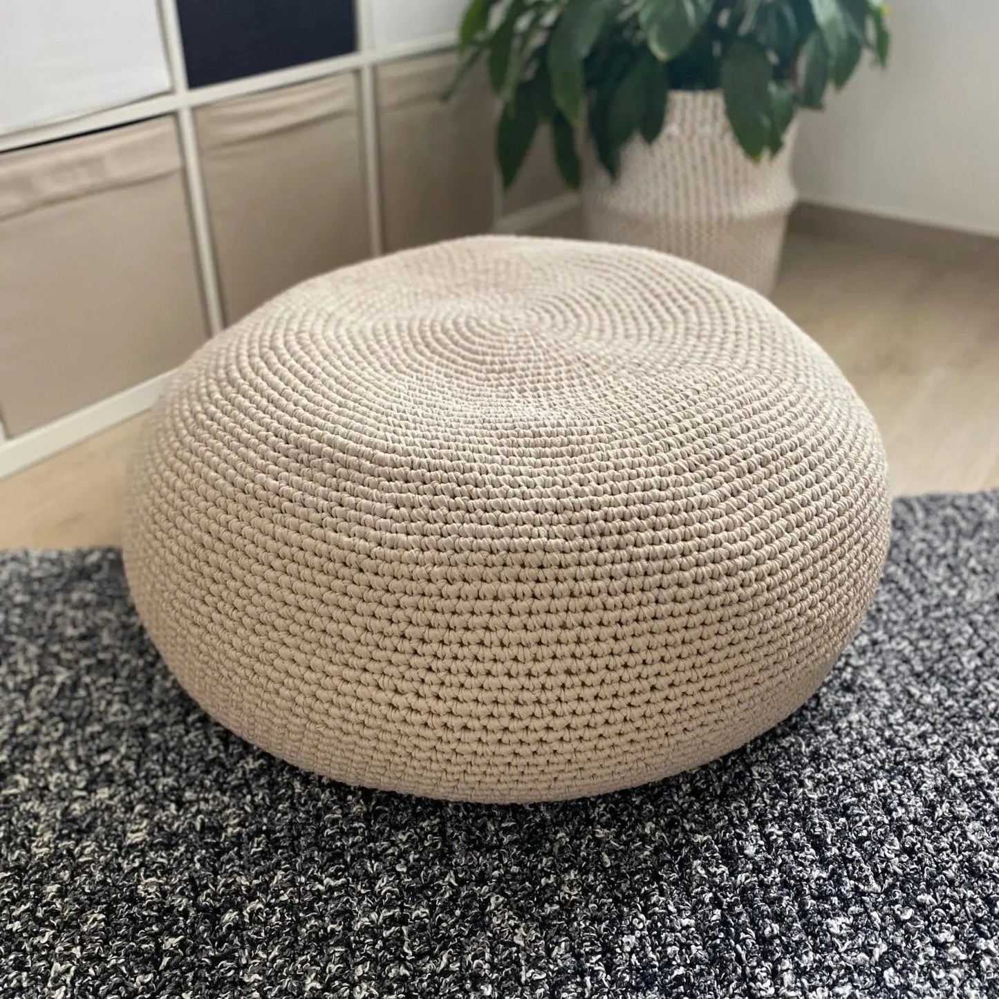 Round Ottoman Slipcovers, Neutral Beige Crochet Cover