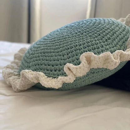 Round Ruffled Crochet Pillow - Light Mint
