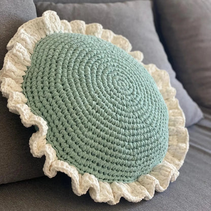 Round Ruffled Crochet Pillow - Light Mint
