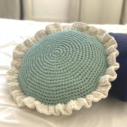 Round Ruffled Crochet Pillow - Light Mint