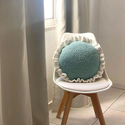 Round Ruffled Crochet Pillow - Light Mint