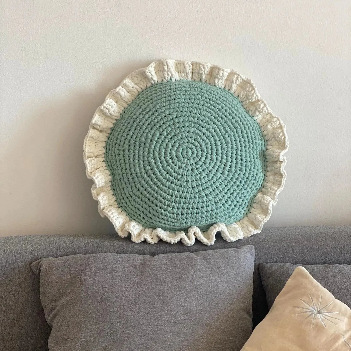Round Ruffled Crochet Pillow - Light Mint