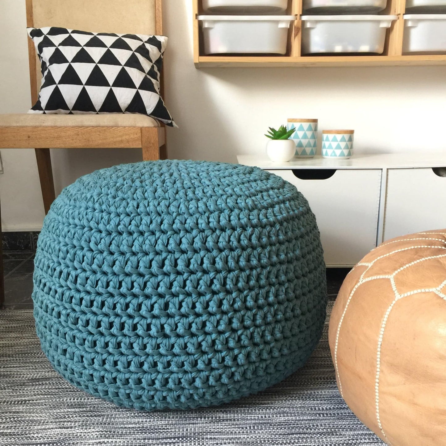 Chunky Knitted Pouffe Ottoman - Teal Blue