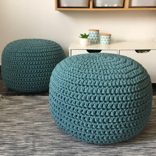 Chunky Knitted Pouffe Ottoman - Teal Blue