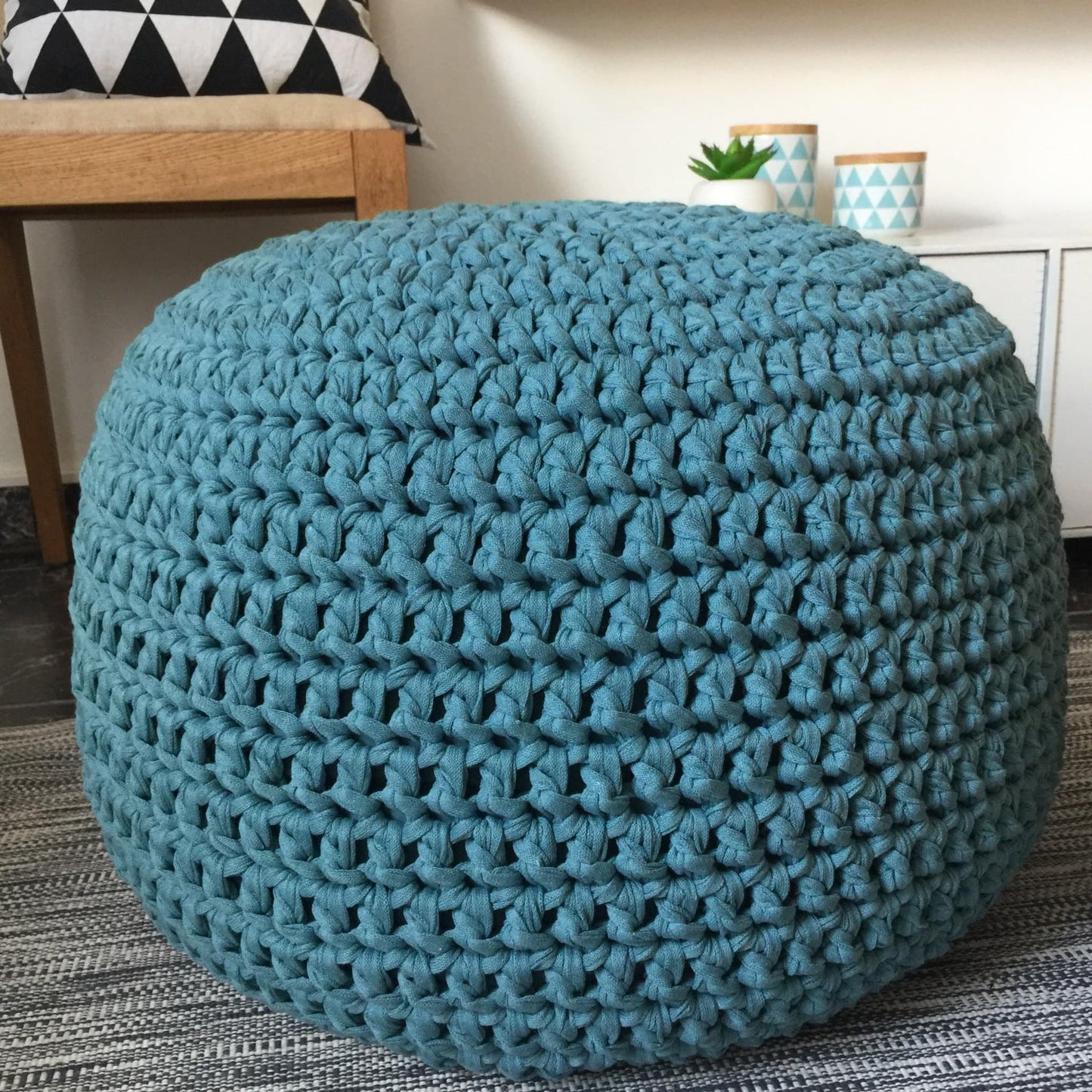 Chunky Knitted Pouffe Ottoman - Teal Blue