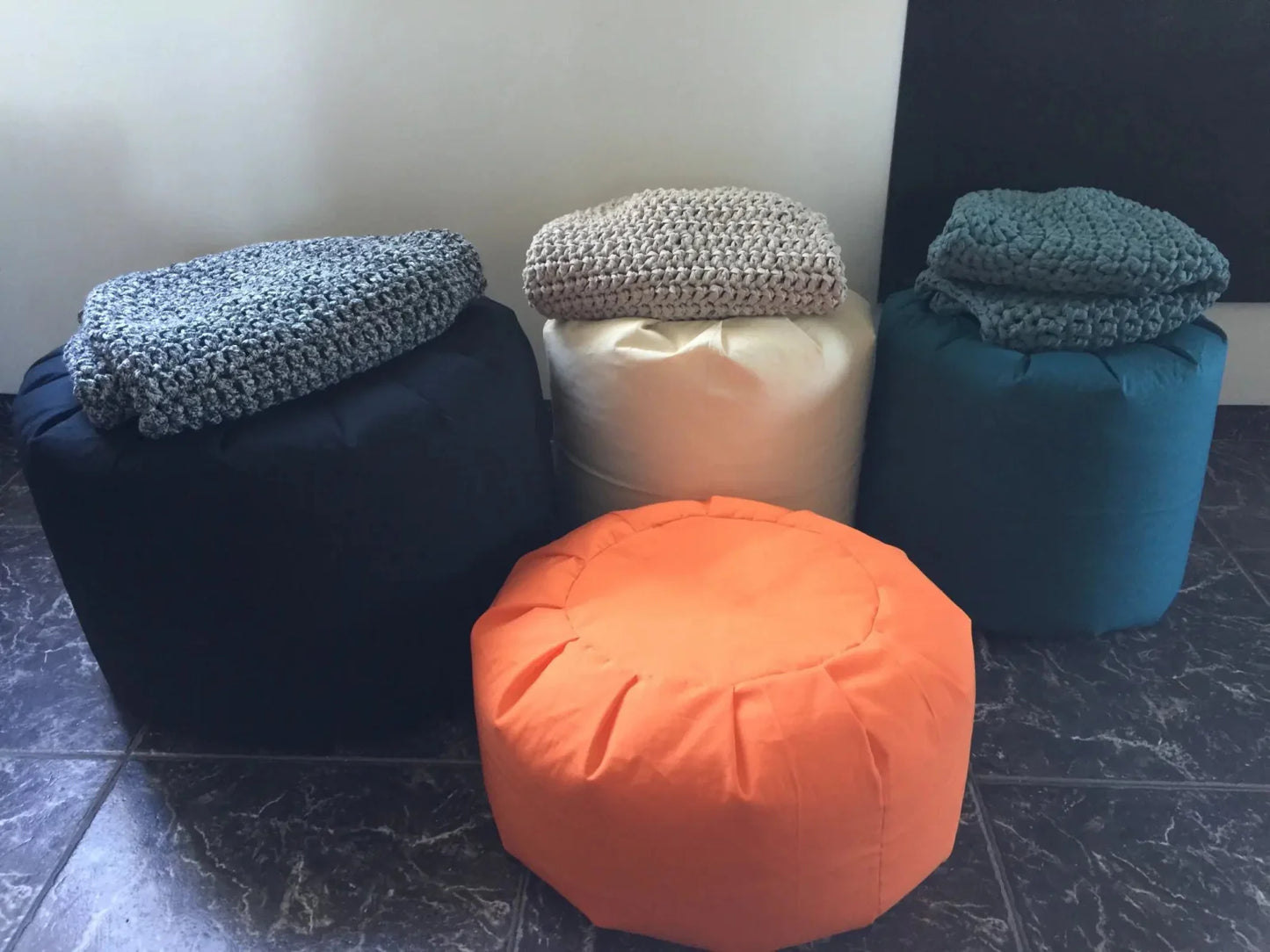 Chunky Knitted Pouffe Ottoman - Teal Blue