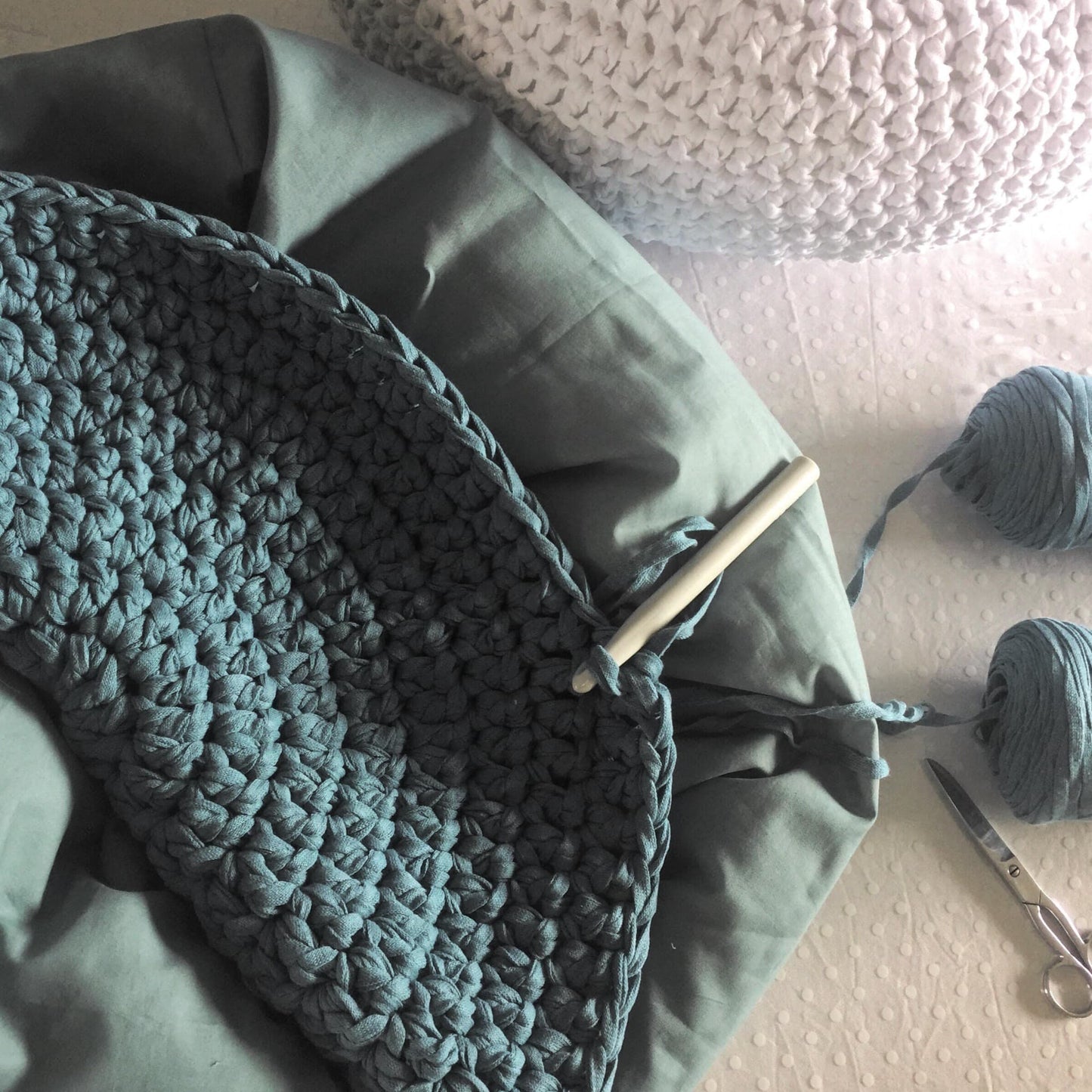 Chunky Knitted Pouffe Ottoman - Teal Blue