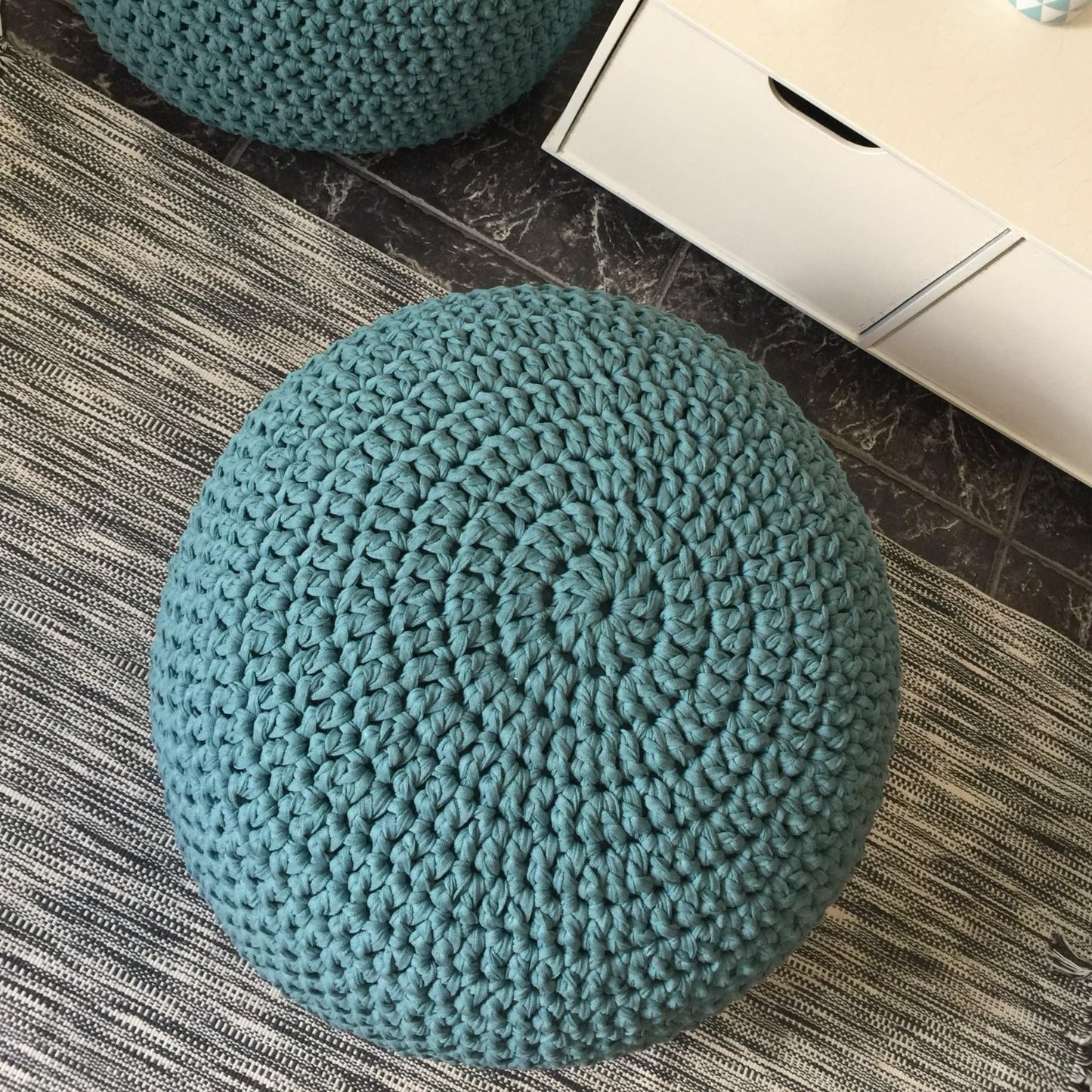Chunky Knitted Pouffe Ottoman - Teal Blue