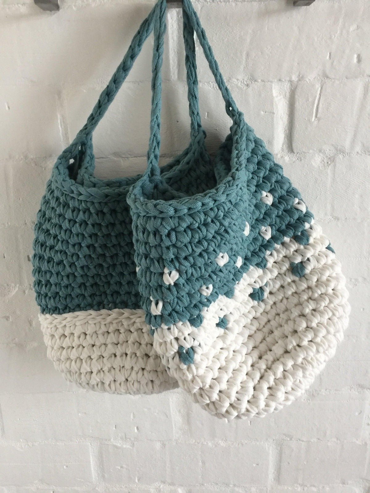 Teal Wall Hanging Basket Set, Knitted Storage Bags