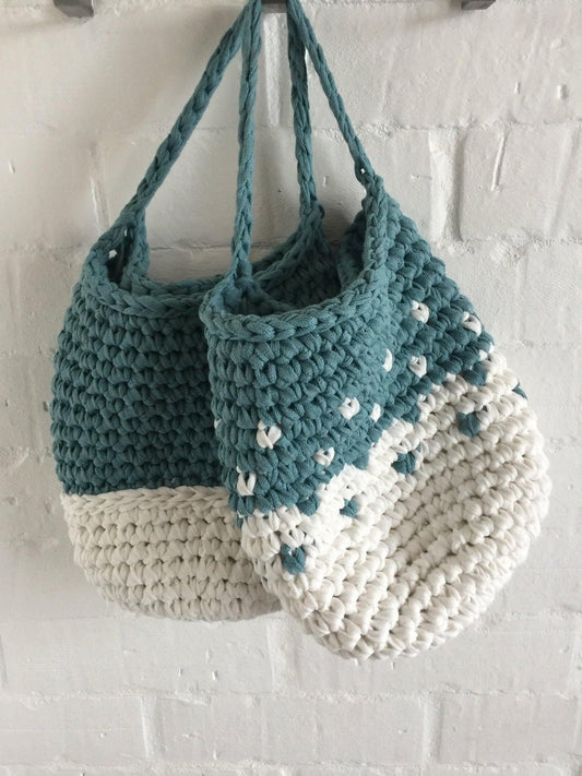 Teal Wall Hanging Basket Set, Knitted Storage Bags