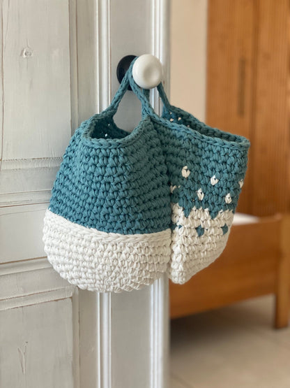 Teal Wall Hanging Basket Set, Knitted Storage Bags