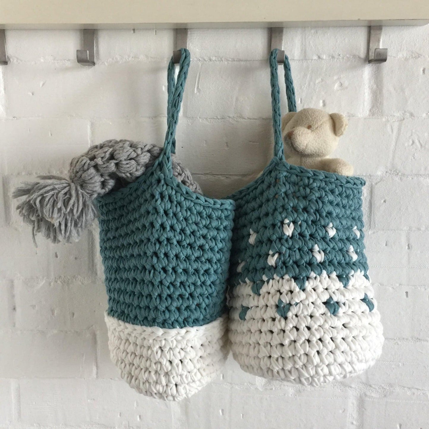 Teal Wall Hanging Basket Set, Knitted Storage Bags