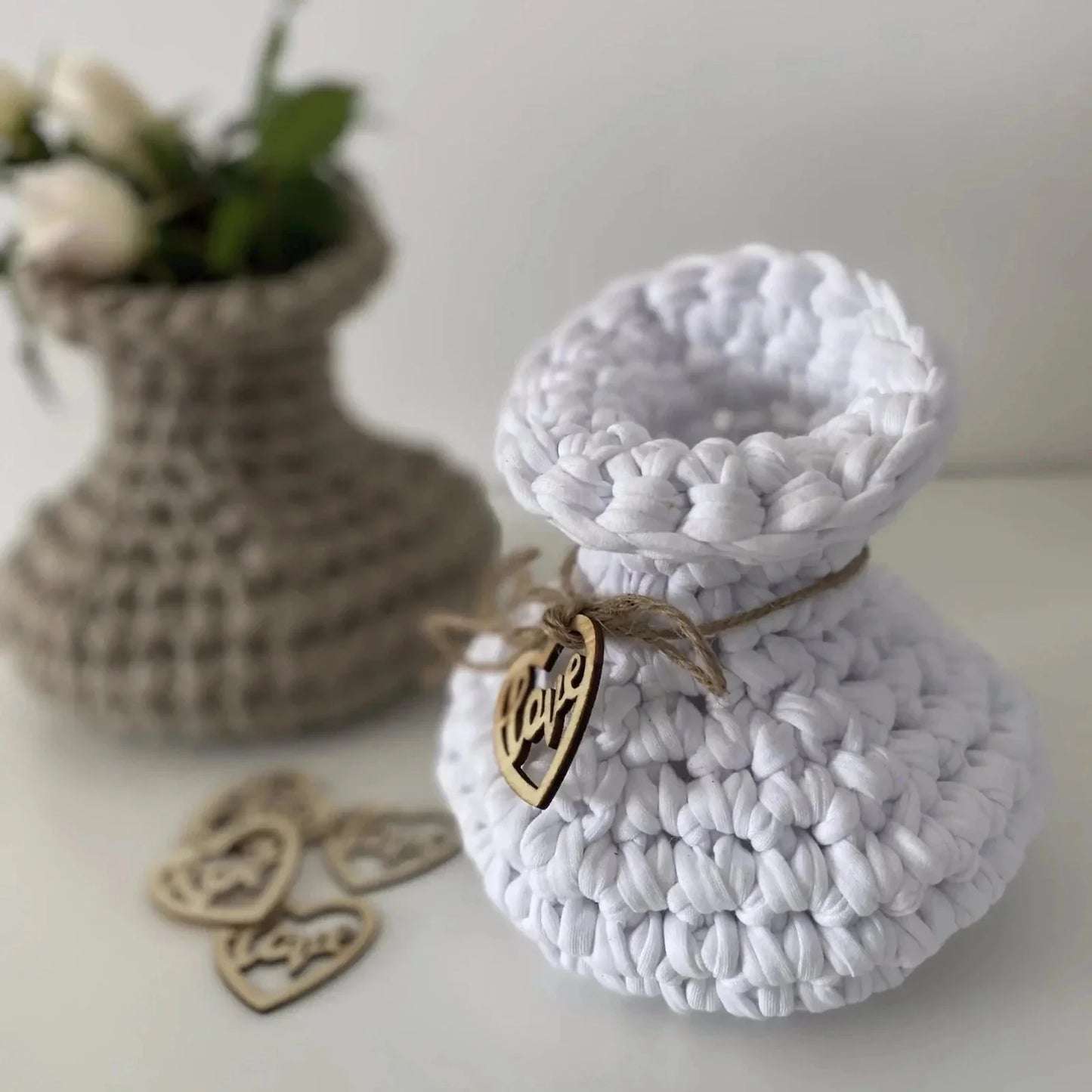 Unique Crochet Vase, Beige Rustic Jar