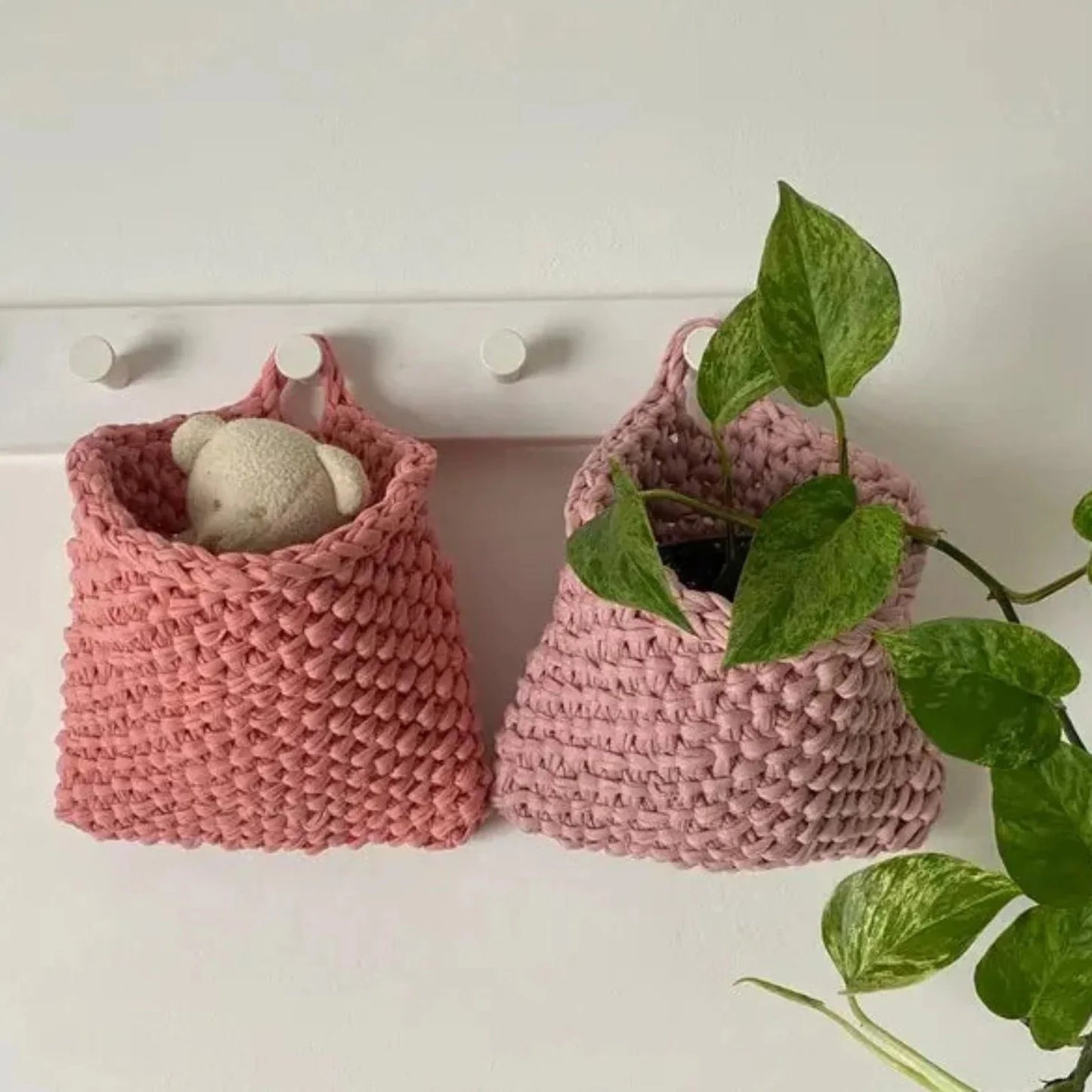 Wall Hanging Baskets | Pastel Peach Knitted Pocket