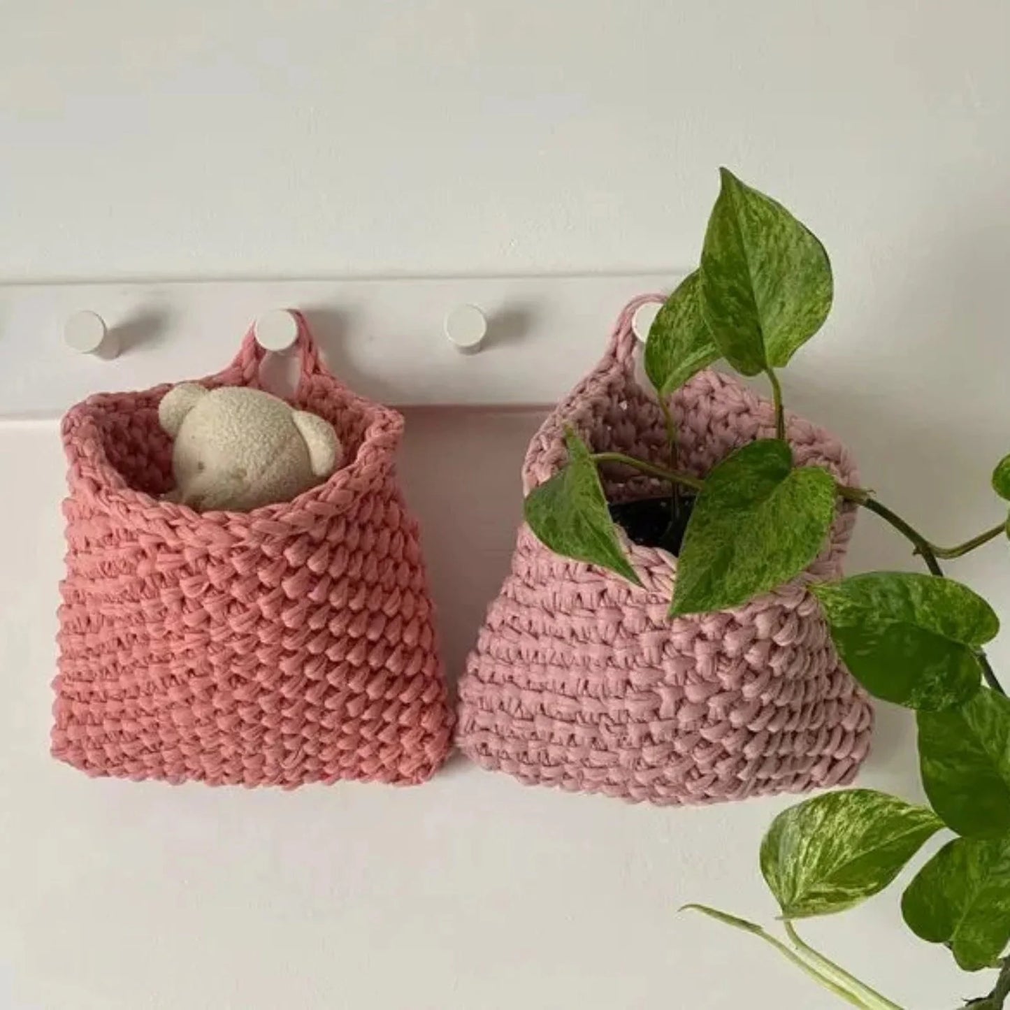 Wall Hanging Baskets | Pastel Pink Knitted Pocket