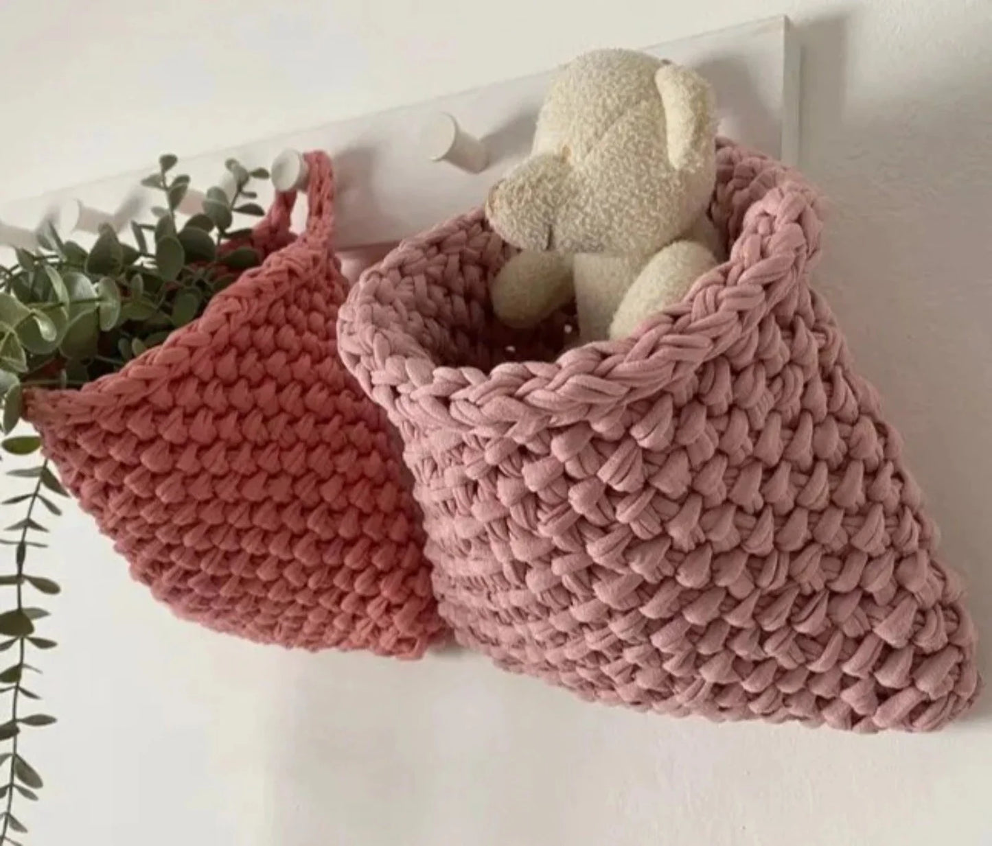 Wall Hanging Baskets | Pastel Pink Knitted Pocket