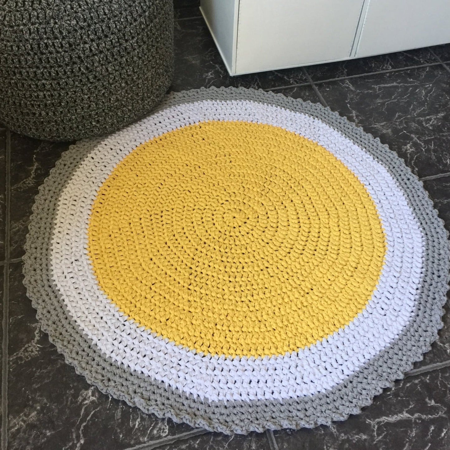 Yellow Crochet Round Rug, Washable Floor Rug Mat
