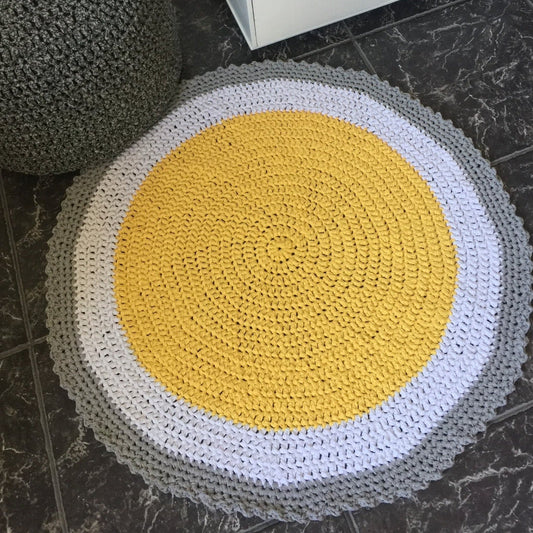 Yellow Crochet Round Rug, Washable Floor Rug Mat