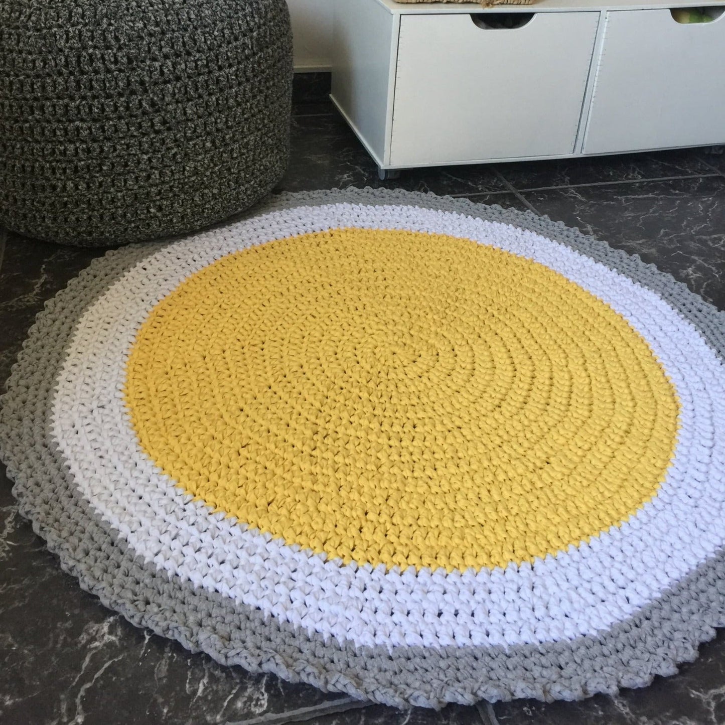 Yellow Crochet Round Rug, Washable Floor Rug Mat